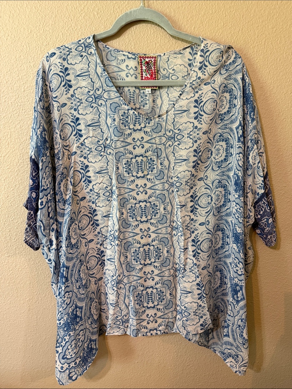 Johnny Was Blue and White Printed V-Neck Tunic